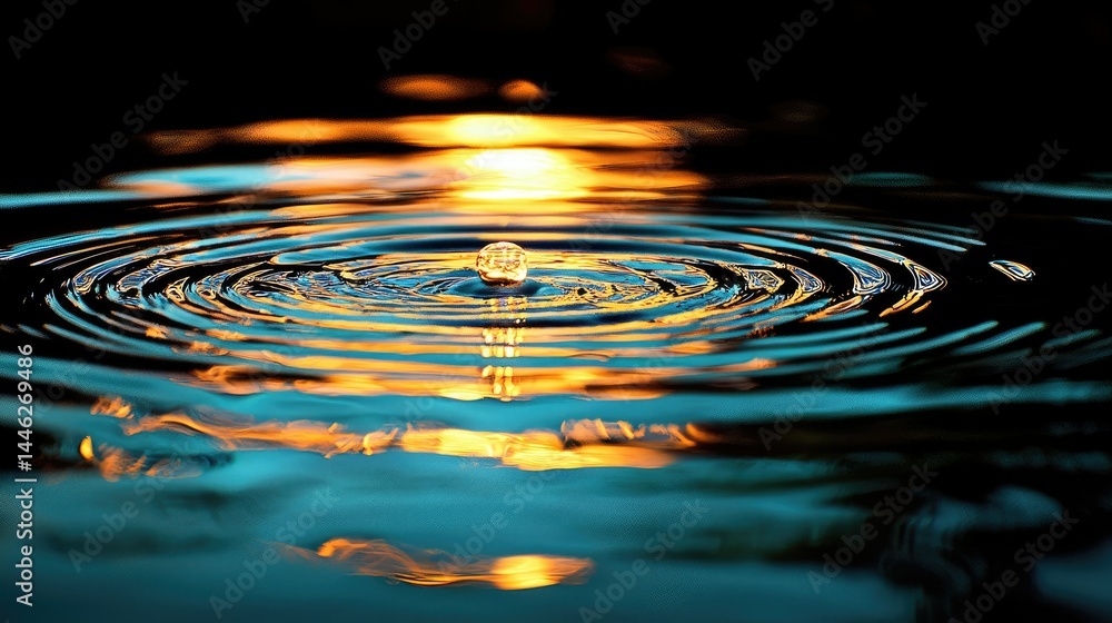 Poster a single water droplet creating circular ripples on a dark surface