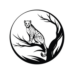 Silhouette Leopard Sitting on Tree Branch Inside Circle, Black and White Style Design