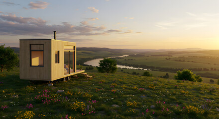Tiny House In Lush Valley at Sunrise with Rolling Hills and River