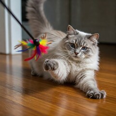 Domestic Gray Cat Playing with Feather Wand