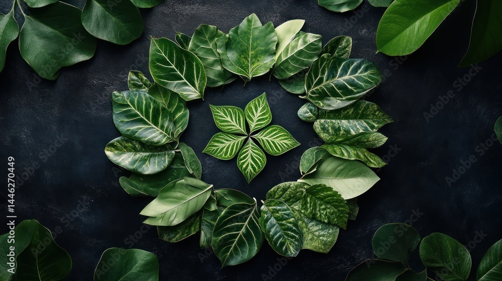 Poster An arrangement of different leaves in a circular pattern