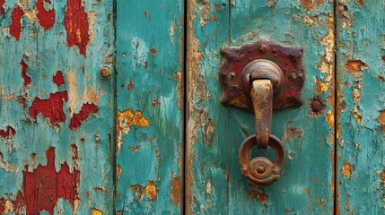 Rustic weathered door with antique metal door knocker on peeling paint surface