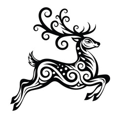 Ornamental Leaping Deer with Swirls and Circles, Isolated on White Background, Tattoo Art
