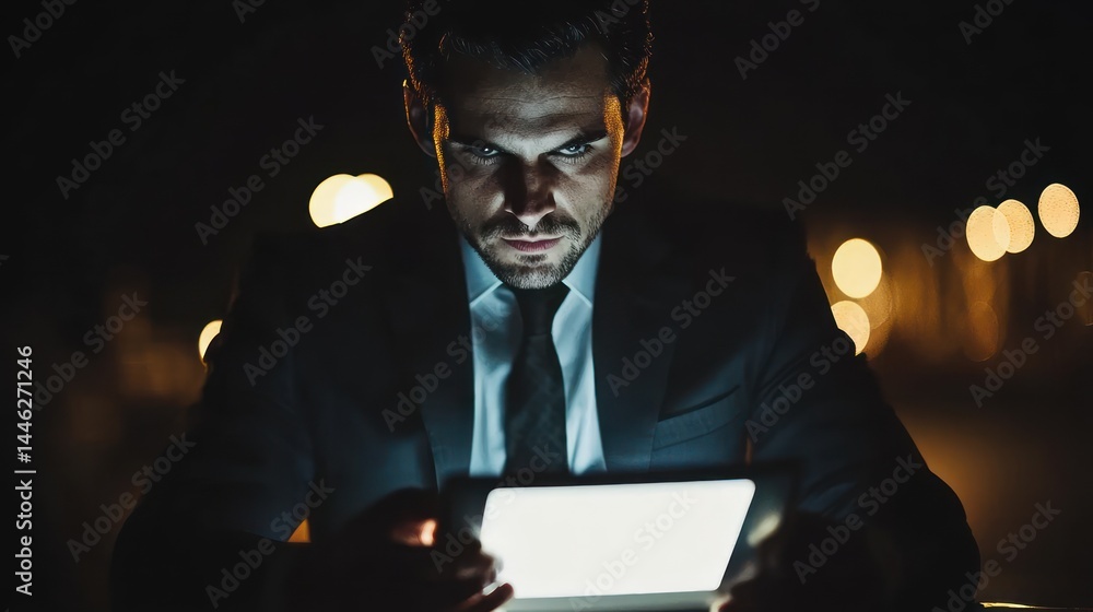 Aufkleber man in suit intensely looks at a brightly lit tablet