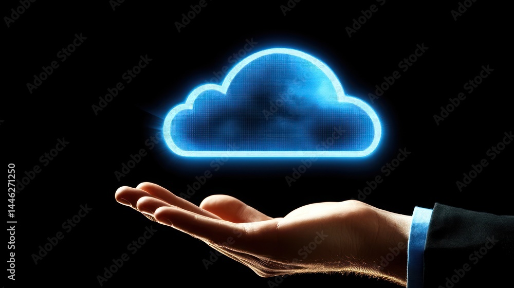 Poster blue cloud icon hovering above an open hand