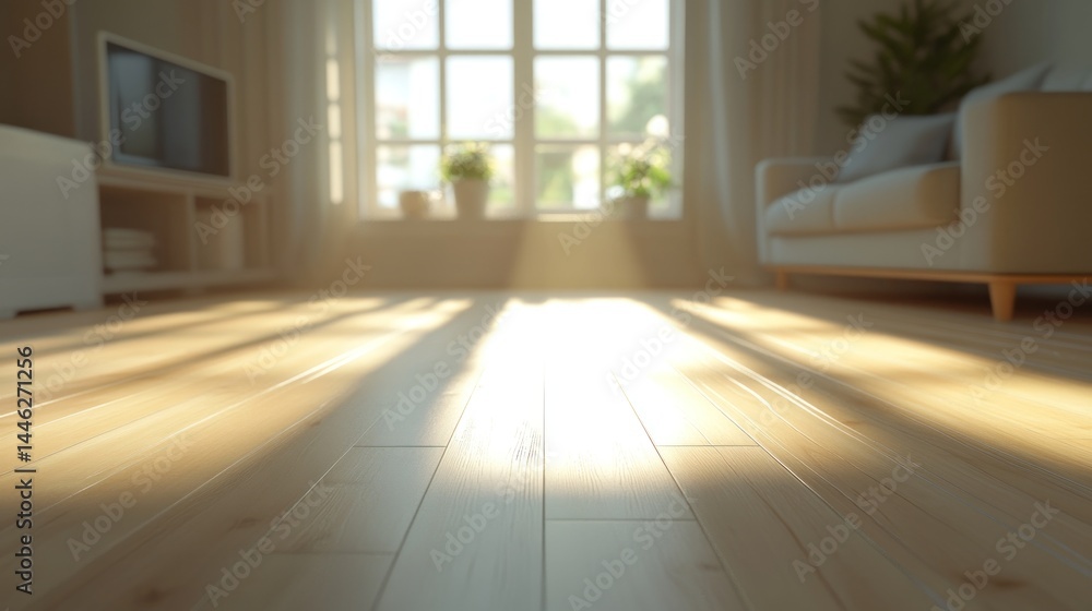 Poster sunlight streams through a window illuminating a polished wooden floor