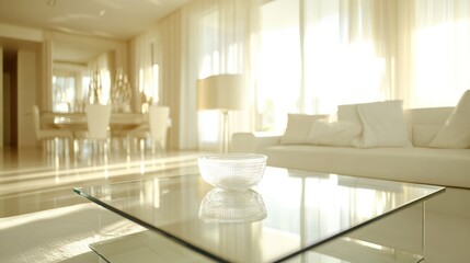 Bright living room featuring a clear table and white decor