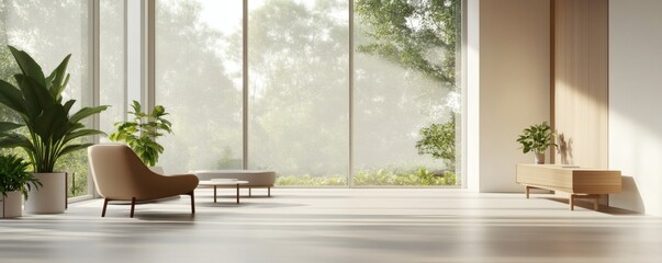 Modern interior living room with plants and large glass windows