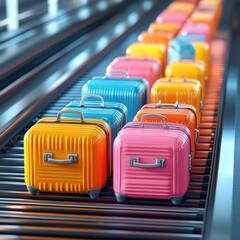 Fototapeta premium Top view conveyor belt luggage in airport tourism trip vacation planning world tour with suitcase of travel, leisure touring holiday summer concept. copy space, banner. 3d rendering illustration