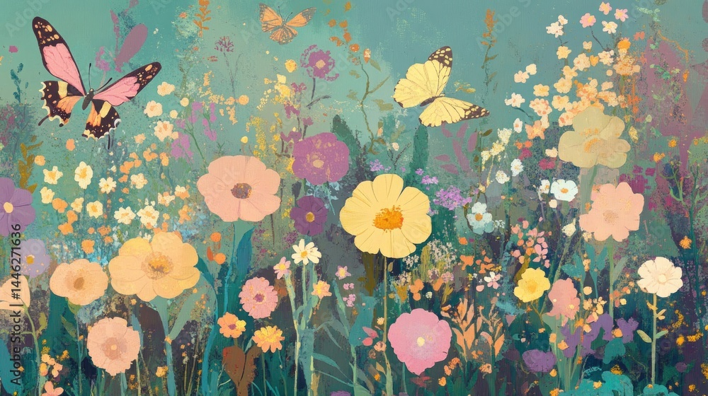 Poster impressionistic wildflowers bloom with butterflies in a serene color palette