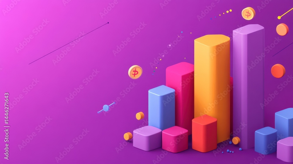Poster colorful bar chart and coin display financial growth conceptually