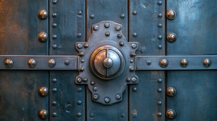 Fototapeta premium Vintage metal door with intricate bolt and rivets in industrial design