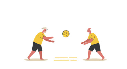 Two men playing volleyball in matching yellow outfits  