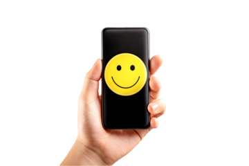 Happy Customer Holding Smartphone Smiling Face Positive Feedback