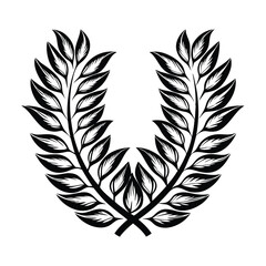 Obraz premium Ornate Black Olive Branches Wreath Design Element, Leaves, Foliage, Isolated, Monochrome
