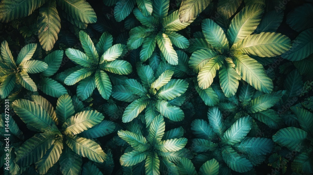 Poster Lush green foliage with intricate leaf patterns from overhead view