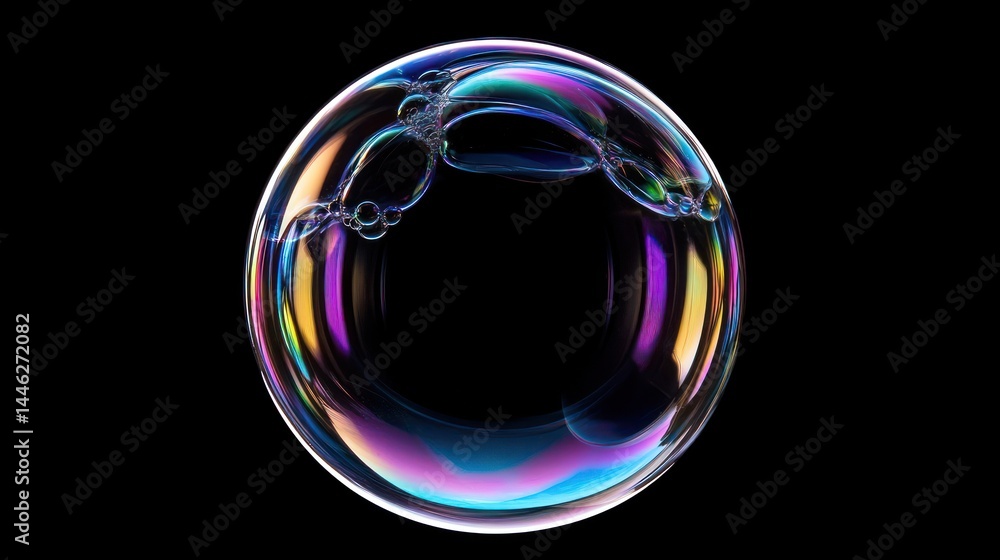 Poster iridescent soap bubble floats against a stark black background