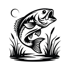Leaping Largemouth Bass Silhouette, Open Mouth Fish with Reeds, Water Plant