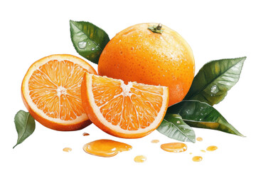 Juicy orange slices whole fruit vibrant watercolor painting with green leaves and bright sunlight