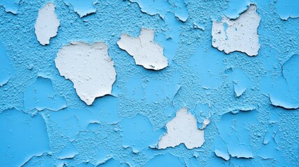 Peeling light blue paint reveals white undercoat on textured surface