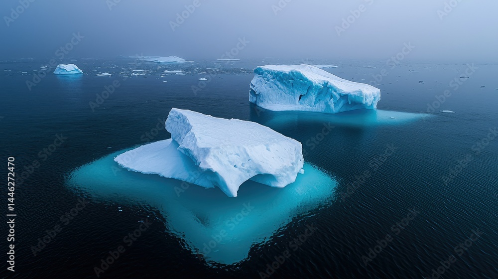 Poster floating icebergs in a vast ocean under a cloudy sky