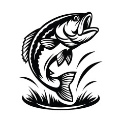 Silhouette of a Jumping Largemouth Bass Fish with Open Mouth Over Water and Grass