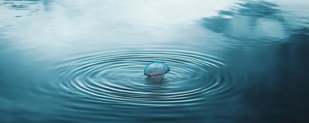 A solitary blue object floats in still water with concentric ripples