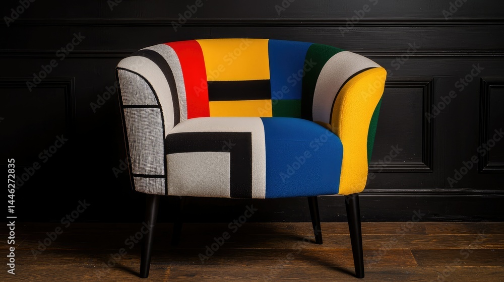 Poster a colorful armchair featuring a geometric design and vibrant patterns is shown