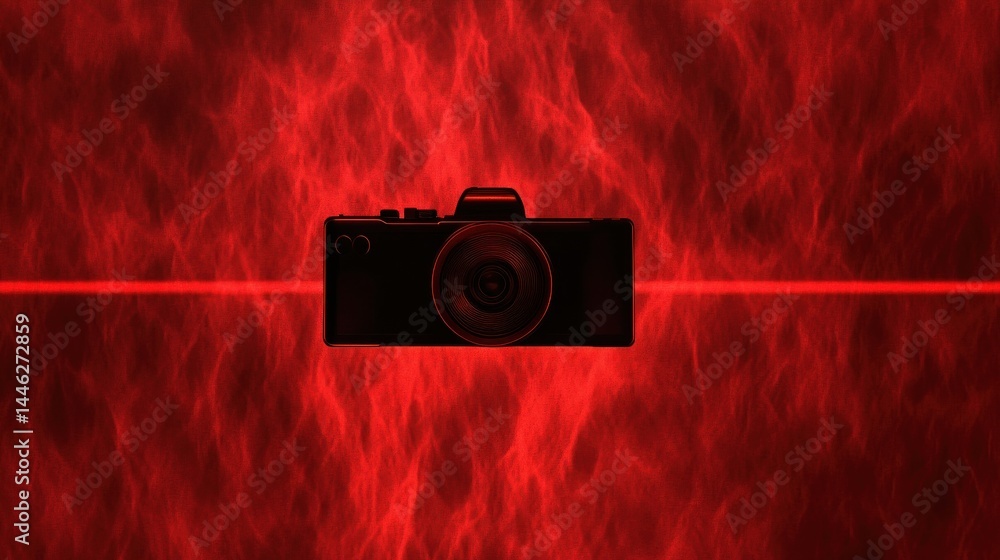 Poster digital camera illuminated by a red laser beam stands out