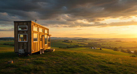 Rustic Tiny Home Atop Hill During Golden Hour With Rolling Hills