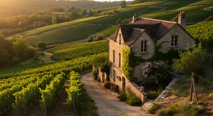 Gordijnen Charming Stone Cottage Nestled Among Rolling Vineyards at Golden Hour © Pipin