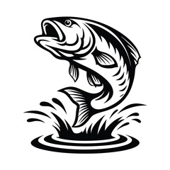 Leaping Largemouth Bass, Black & White Silhouette, Water Splash, Aquatic Wildlife