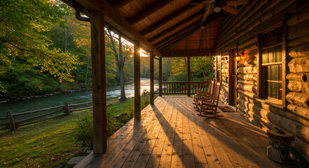 Rustic Cabin Retreat By The River At Sunset With Rocking Chairs On Porch