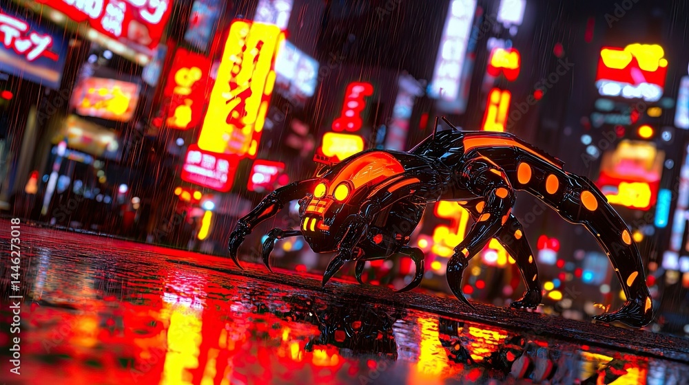 Poster a futuristic robot creature traversing a neon lit city in the rain