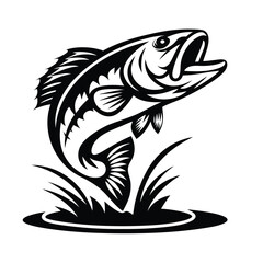 Jumping Largemouth Bass Silhouette With Water Splash, Black and White Isolated