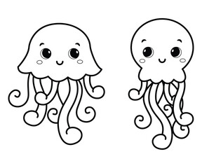 Cartoon jellyfish. Coloring page. Vector cute illustrations