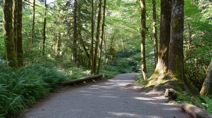Fototapeta premium Gravel path winds through a lush forest with tall trees