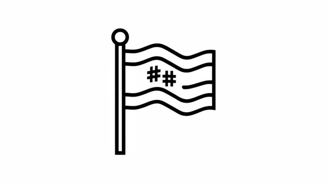Hashtag flag illustration with wind wavy effect on isolated plain white background in outline black and white style.