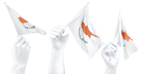 Hand holding flag of Cyprus. Isolated 3d Rendering