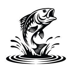 Fish Silhouette Leaping Largemouth Bass with Water Splash Black and White