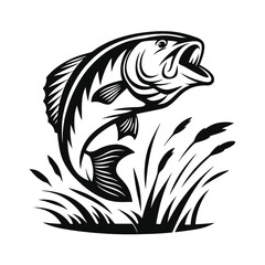 Jumping Largemouth Bass Silhouette Illustration, Fish Leaping From The Water With Reeds