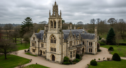 Fototapeta premium Majestic Stone Mansion With Towering Architecture Amidst Green Estate