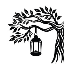 Stylized Silhouette of Tree with Leaves & Hanging Lantern on Isolated White