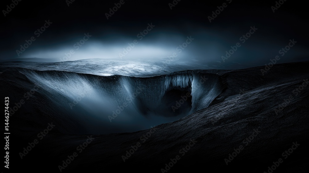 Poster a dramatic landscape features cascading water into a deep chasm