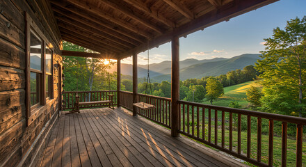Rustic Cabin Porch Overlooking Scenic Mountain Range at Sunset