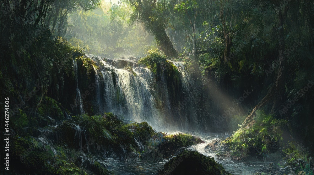 Poster waterfall cascading through a lush green forest with sunbeams