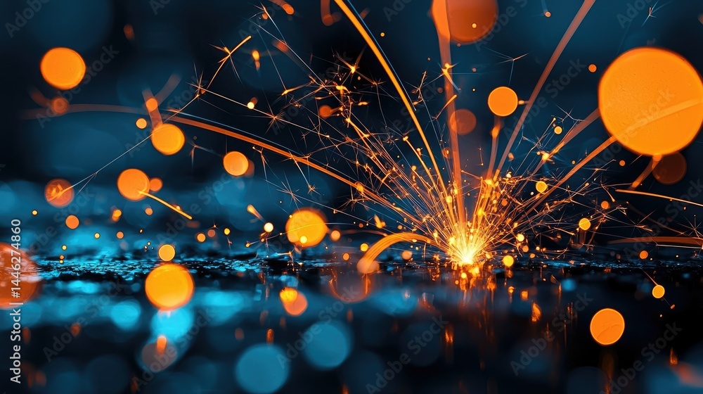 Poster orange sparks emanate from a central point of light source