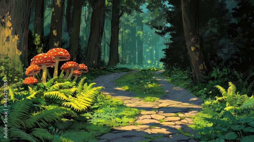 Aufkleber a stone path meanders through an enchanting forest scene