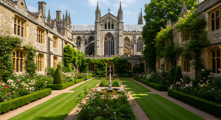 Obraz premium Idyllic English Garden At Cathedral With Historic Stone Architecture