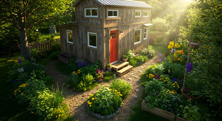 Charming Tiny Home Nestled Among Lush Garden In Sunlight